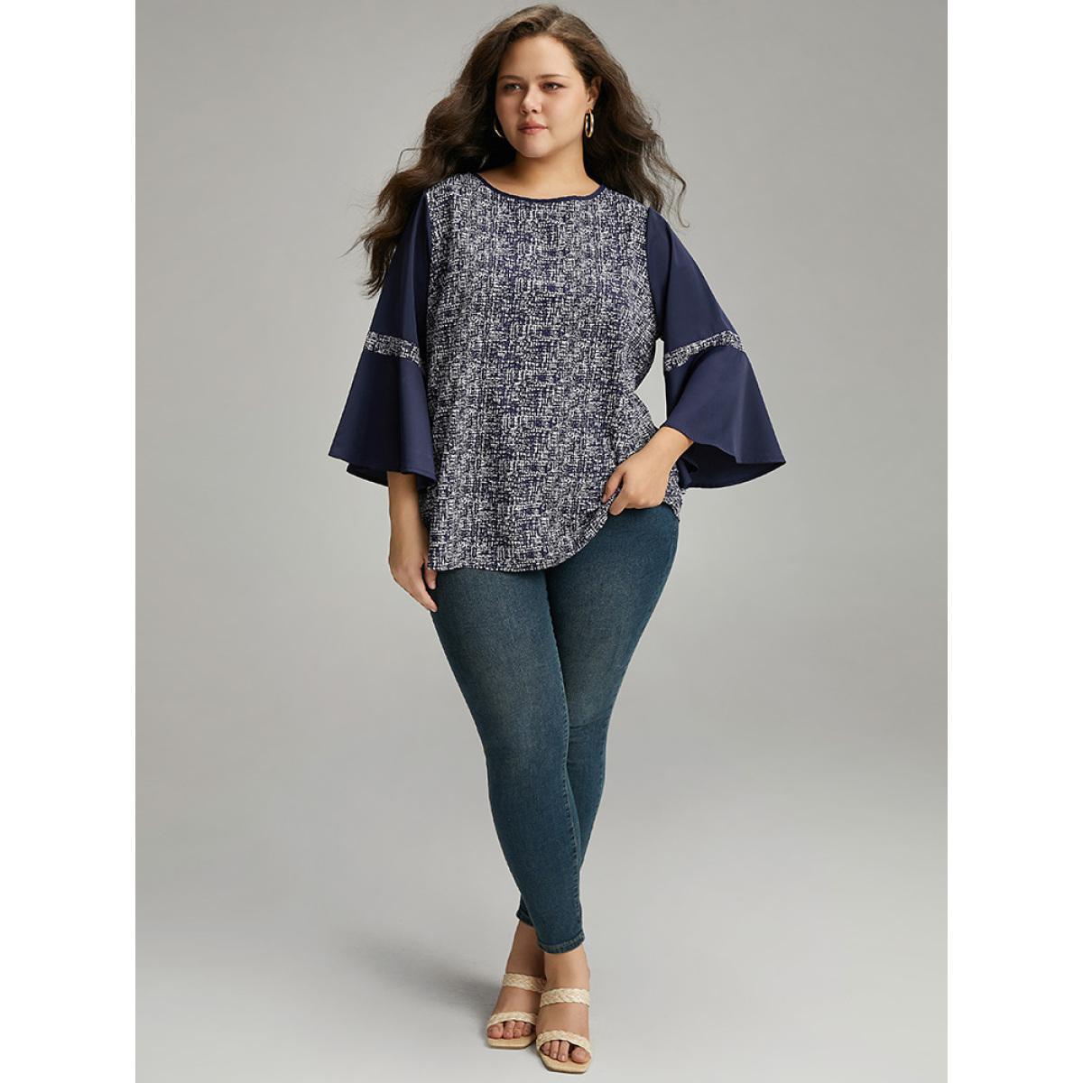 Plus Size DarkBlue Patchwork Crew Neck Ruffle Sleeve Blouse Women Vacation Long Sleeve Round Neck Dailywear Blouses BloomChic 12/L Product Image