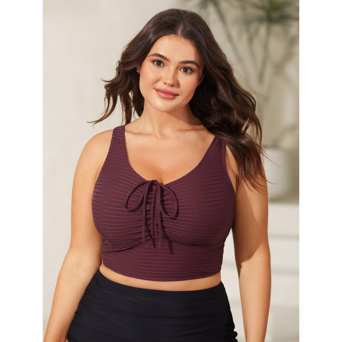 Plus Size Adjustable Drawstring Scoop Neck Swim Top Women's Swimwear Deepred Beach Drawstring High stretch Skinny U-neck Curve Swim Tops BloomChic 12/L Product Image