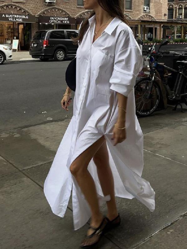 Long Sleeves Loose Buttoned Solid Color Split-Side Lapel Maxi Shirt Dress Product Image