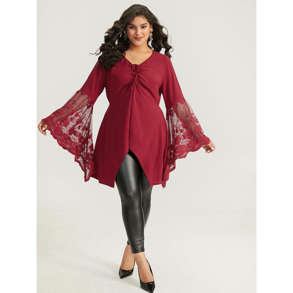 Plus Size Scarlet Halloween Solid Mesh Bell Sleeve Ruched Bowknot Blouse Women Elegant Long Sleeve V-neck Festival-Halloween Blouses BloomChic 28/5X Product Image