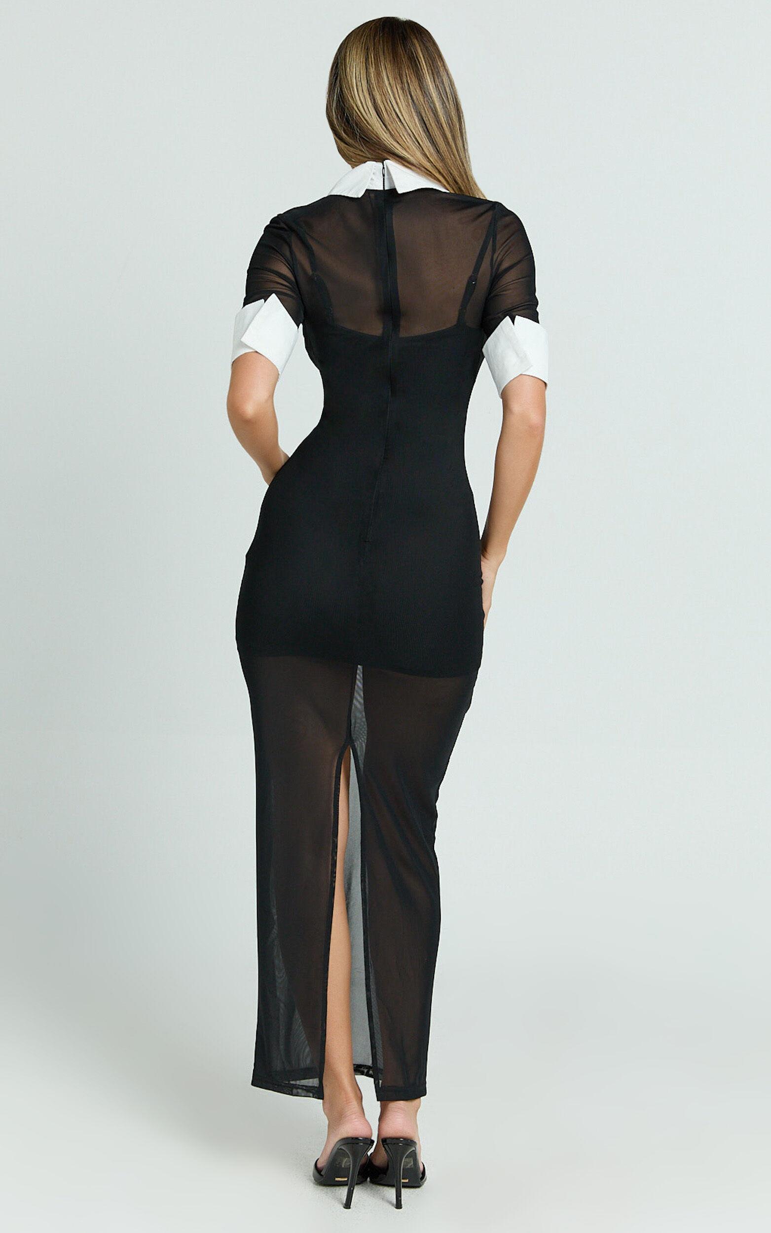 Renata Maxi Dress - Short Sleeve Contrast Collar Bodycon Dress in Black Product Image
