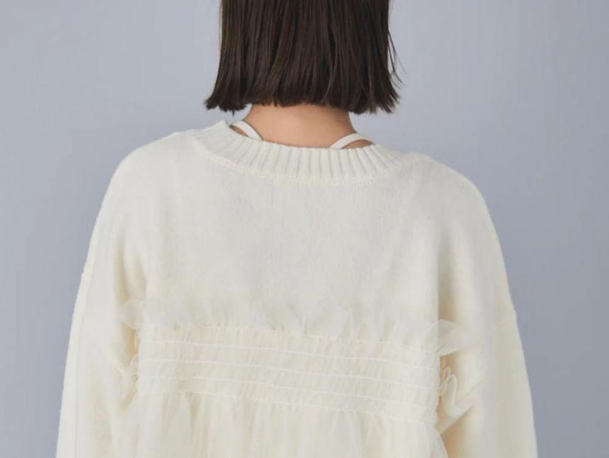Set: Crew Neck Mesh Panel Sweater + Faux Pearl Washed Loose Fit Jeans Product Image