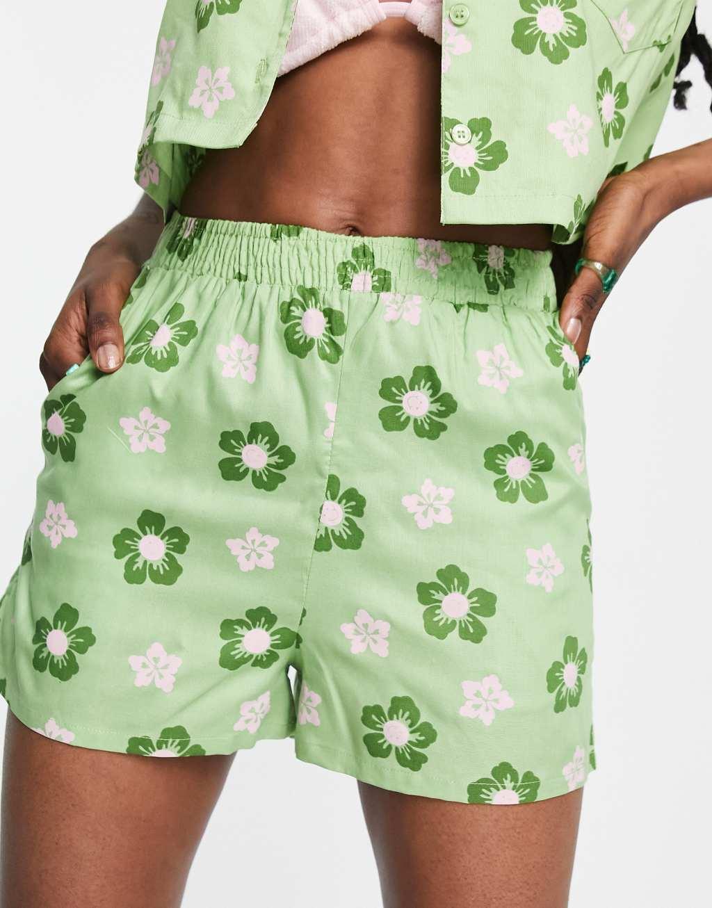 Daisy Street boxy boyfriend shorts with smile graphic floral - part of a set-Green Product Image
