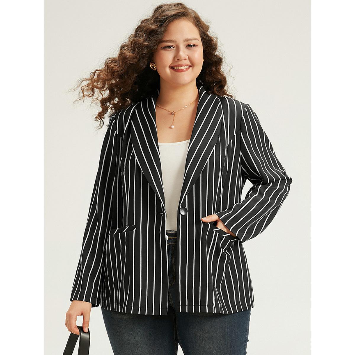 Plus Size Striped Suit Collar Button Up Blazer Black Women Work Striped Contrast Sleeve Long Sleeve Suit Collar 18-20/2X Pocket Casual Blazers BloomChic Product Image