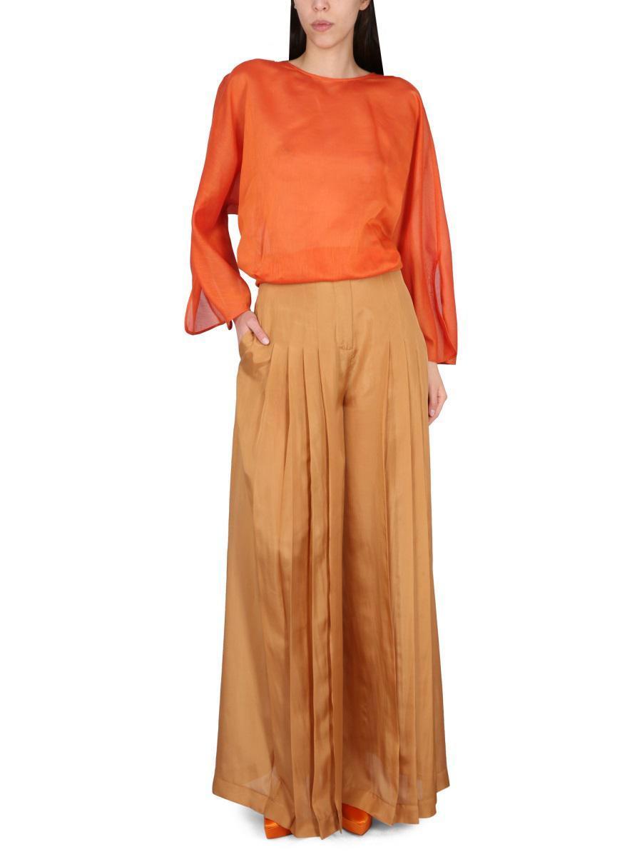 ALBERTA FERRETTI Pleated Wide-leg Silk Trousers In Brown Product Image