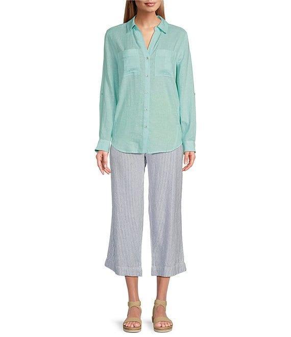 Westbound Petite Size Blue White Stripe Crop Linen Blend Pants Product Image