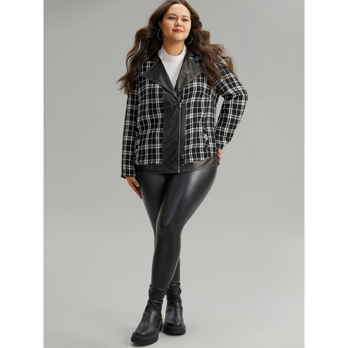 Plus Size Plaid PU Patchwork Zipper Fly Jacket Women Black Contrast Dailywear Jackets BloomChic 30/6X Product Image