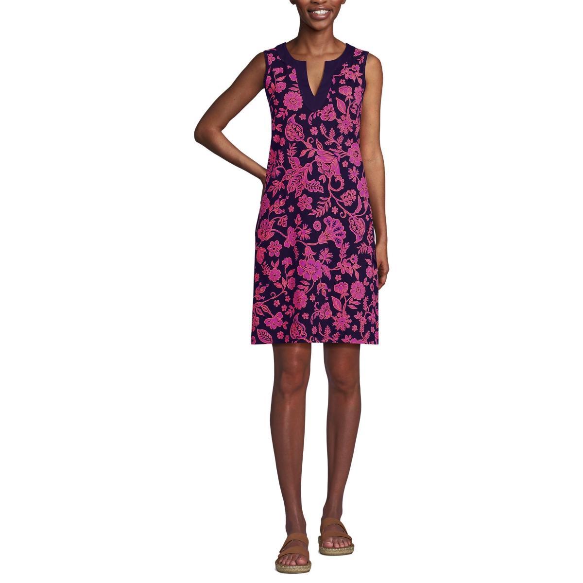 Lands End Womens Cotton Jersey Sleeveless Swim Cover-up Dress Print - White Product Image
