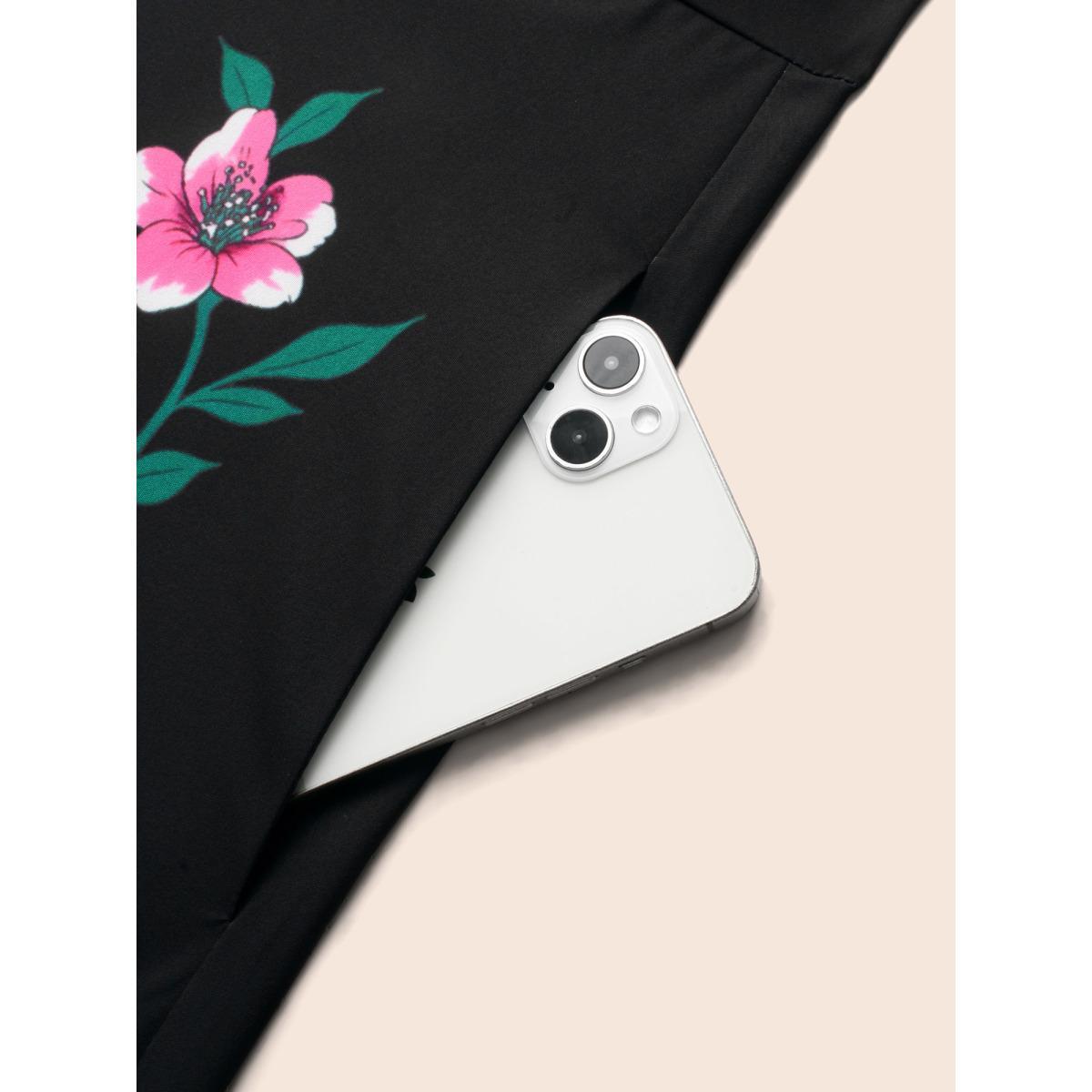 Plus Size V Neck Floral Button Detail Dress Black Women Elegant Button V-neck Long Sleeve Curvy BloomChic 22-24/3X Product Image