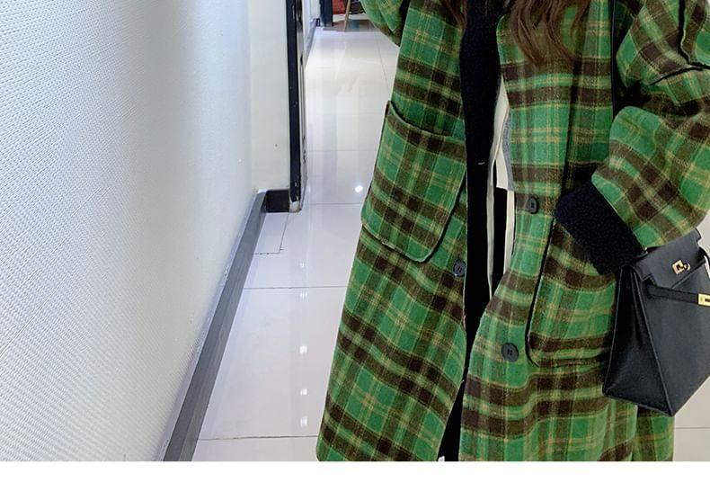 Lapel Collar Plaid Reversible Fleece-Lined Double-Breasted Long Coat Product Image