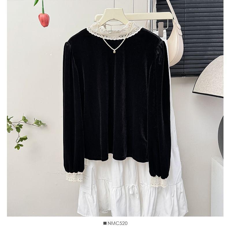 Lace-Trim Loose Velvet Blouse Product Image
