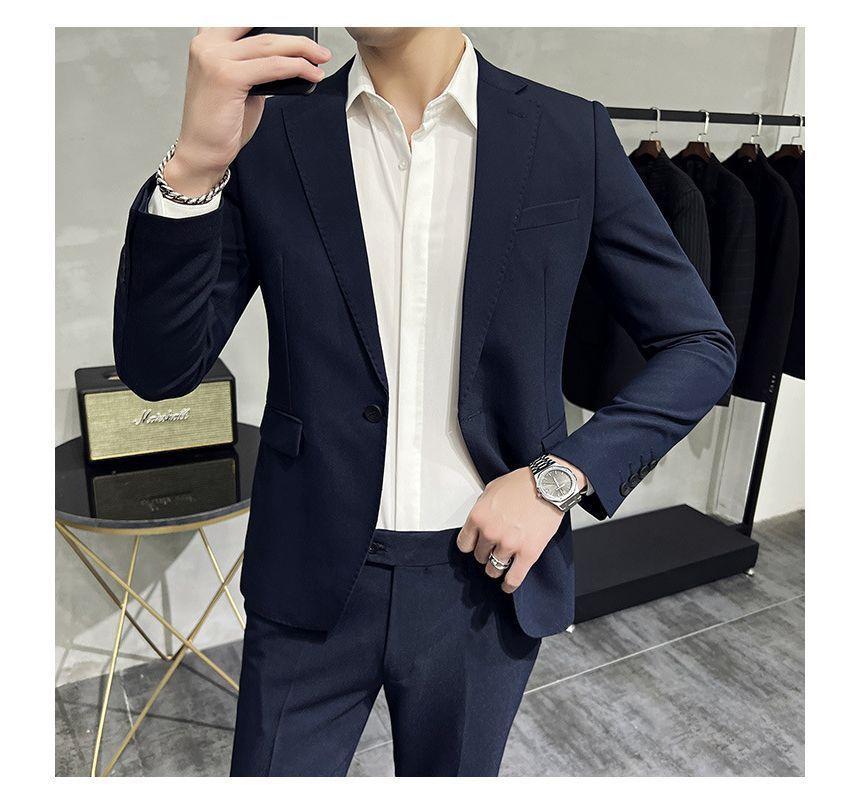 Set: Plain One-Buttoned Blazer + Tapered Dress Pants Product Image