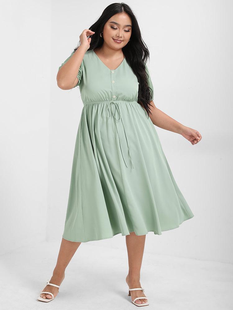 Solid Polka Dot Sleeve Button Dress Female Product Image