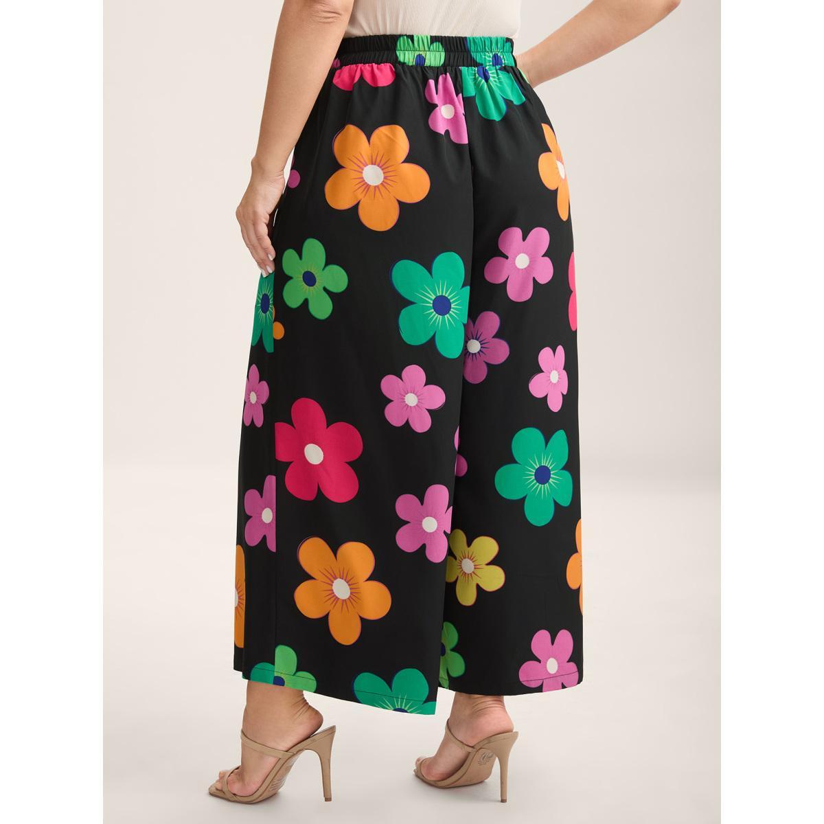 Plus Size Colorful Large Floral Print Wide-Leg Pants Women BlackFlower Elegant Wide Leg Mid Rise Everyday-Elegant Pants BloomChic 18-20/2X Product Image