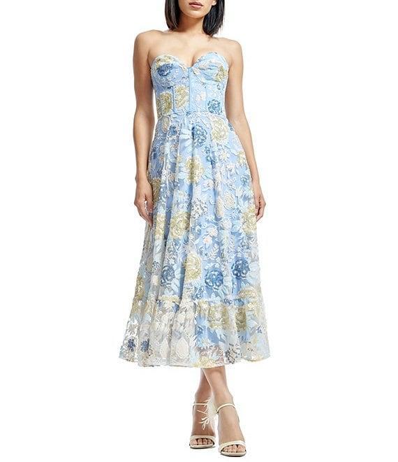 Dress the Population Sequin Floral Sweetheart Strapless Bustier Fit and Flare Midi Dress Product Image