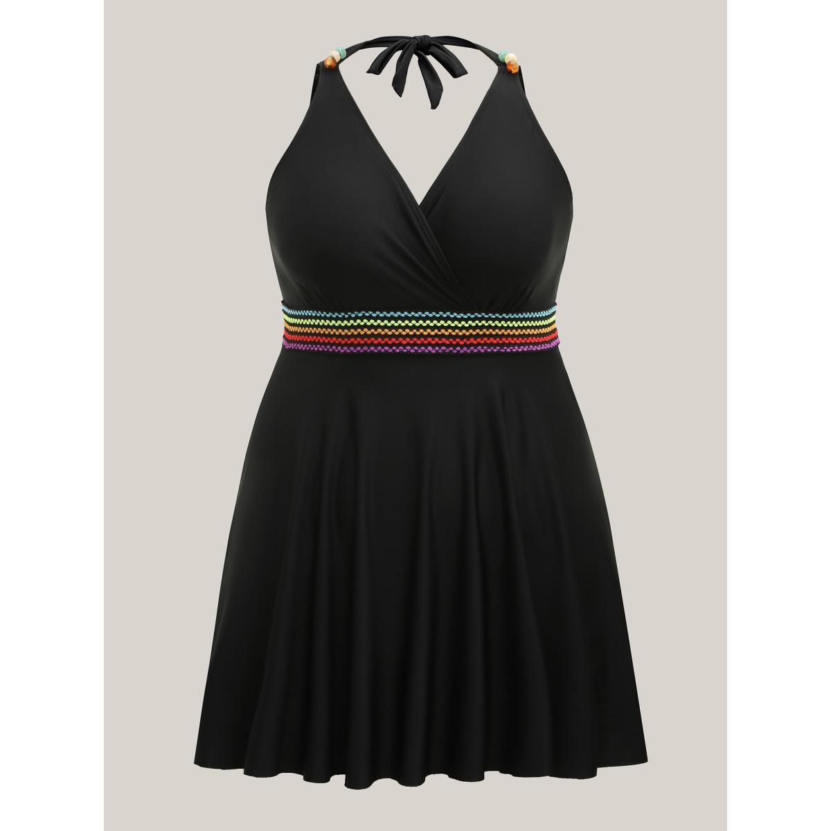 Plus Size Colorful Webbed Pockets Adjustable Swim Dress Women's Swimwear Black Beach Bodycon Overlap Collar High stretch Curve Swim Dresses BloomChic 14-16/1X Product Image