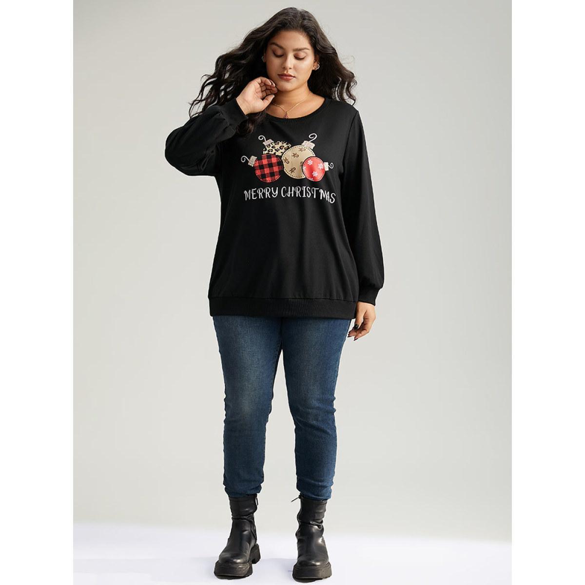 Plus Size Christmas Graphic Sequin Elastic Cuffs Sweatshirt Women Black Elegant Sequin Festival-Christmas Sweatshirts BloomChic 22-24/3X Product Image