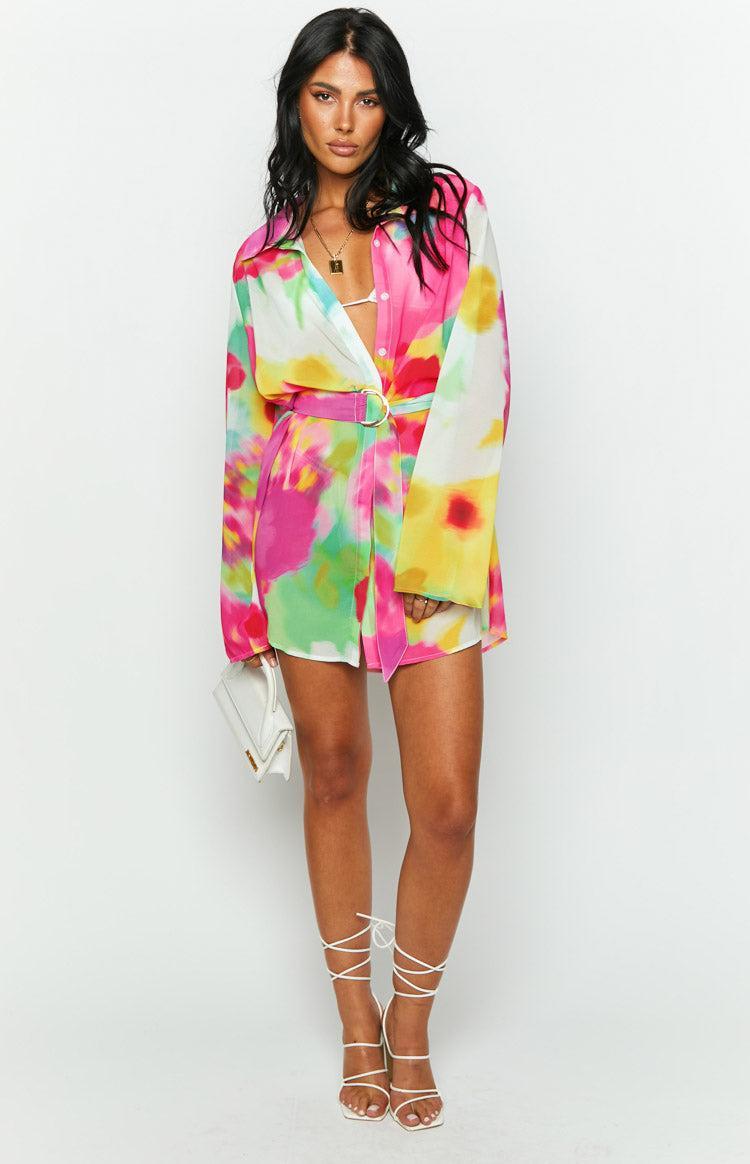 Moscow Floral Print Long Sleeve Button Up Mini Shirt Dress Product Image
