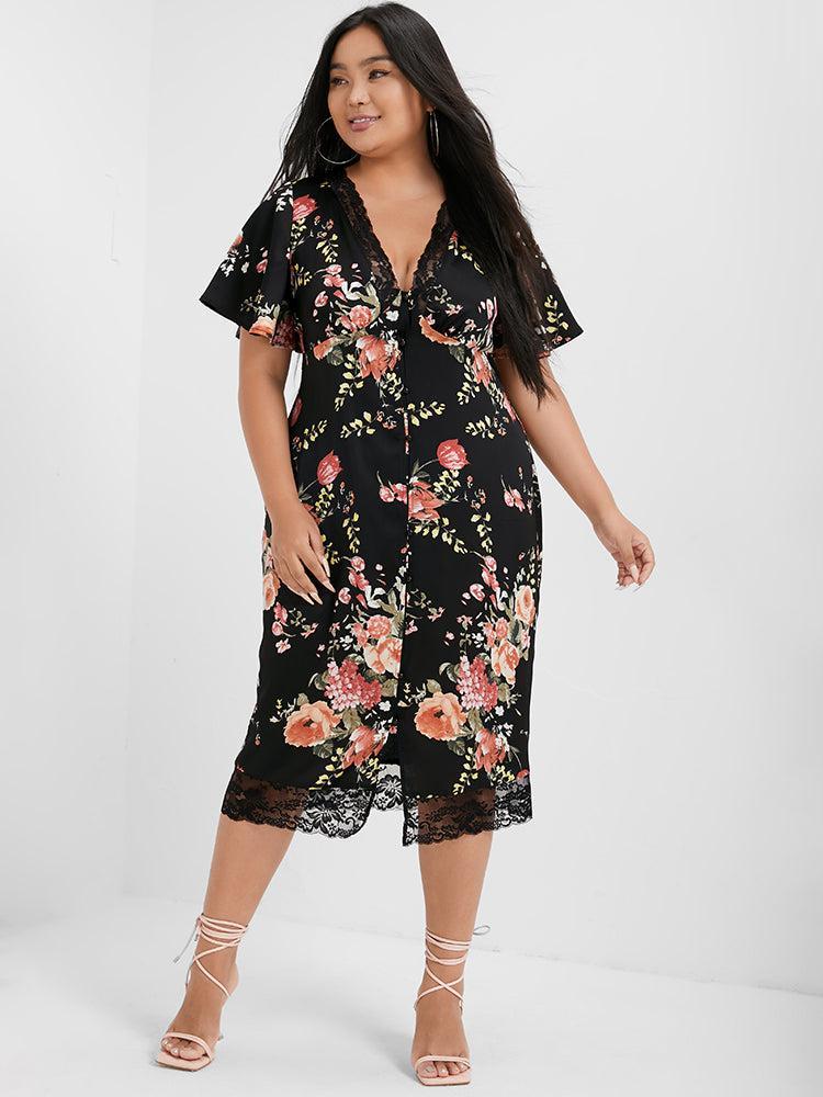 Floral V Neck Lace Button Bodycon Dress Female Product Image