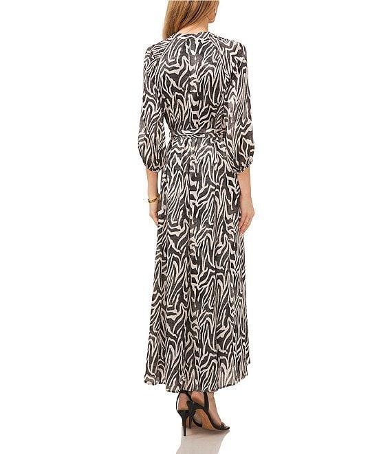 Vince Camuto Wild Zebra Print Satin Yoryu V-Neck 3/4 Sleeve Belted Tie Waist A-Line Maxi Dress Product Image