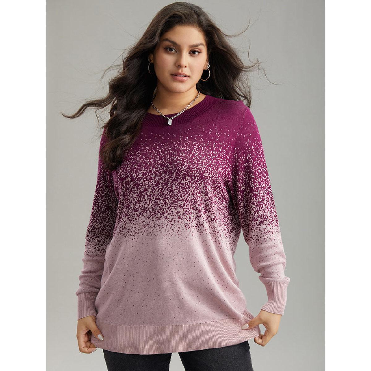 Plus Size Supersoft Essentials Ombre Elastic Cuffs Pullover Purple Women Casual Loose Long Sleeve Round Neck Dailywear Pullovers BloomChic 30/6X Product Image