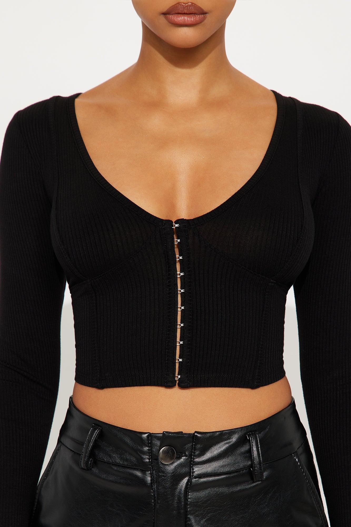 Aria Cropped Ribbed Long Sleeve Top - Black Product Image