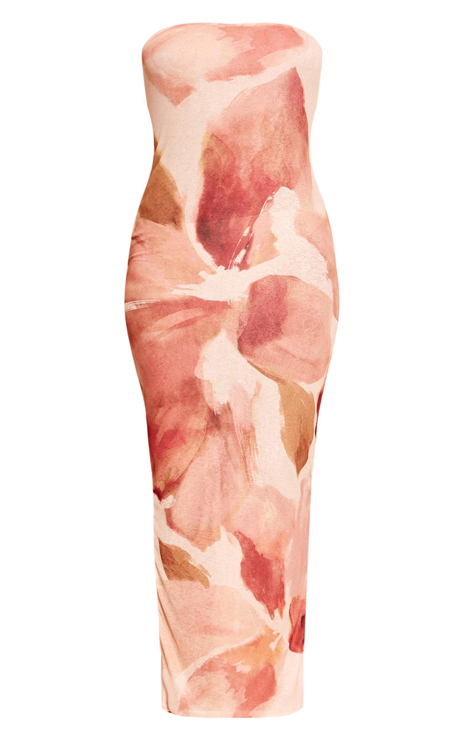 Pink Floral Abstract Printed Onion Skin Bandeau Maxi Dress Product Image