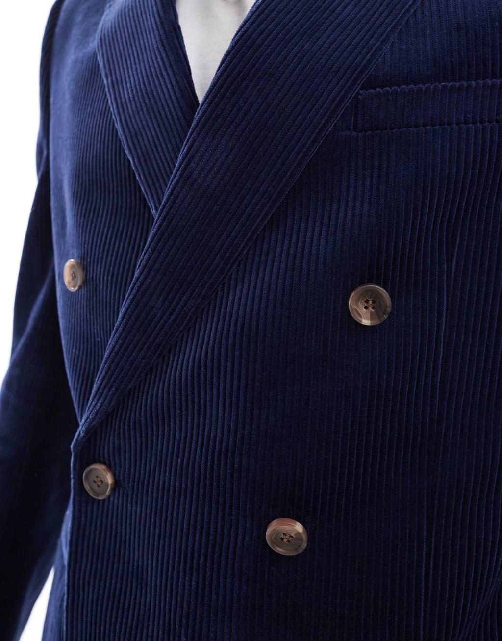  ASOS DESIGN slim fit double breasted corduroy blazer in navy Product Image