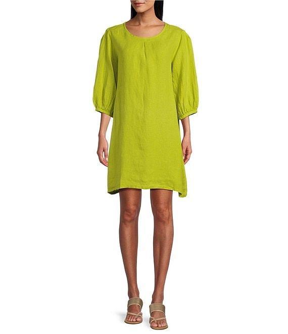 Bryn Walker Lucien Light Linen Round Neck 3/4 Balloon Sleeve Dress Product Image