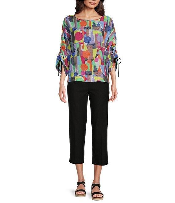 Ali Miles Abstract Print Round Neck 3/4 Dolman Cinch Tie Sleeve Tunic Product Image