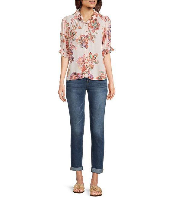 Democracy Petite Size Woven Floral Paisley Split V-Neck Elbow Sleeve Button-Front Top Product Image