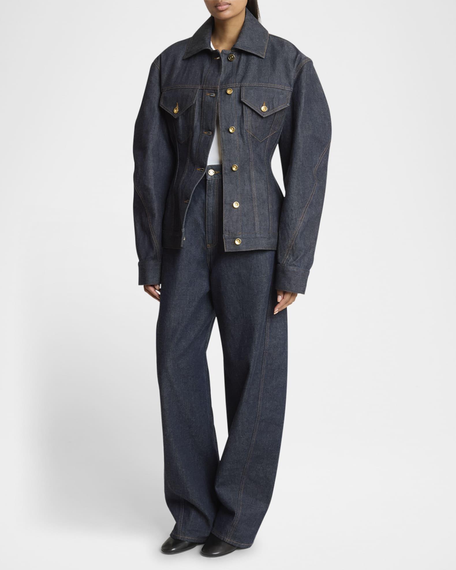 Cocoon-Sleeve Waisted Denim Jacket Product Image