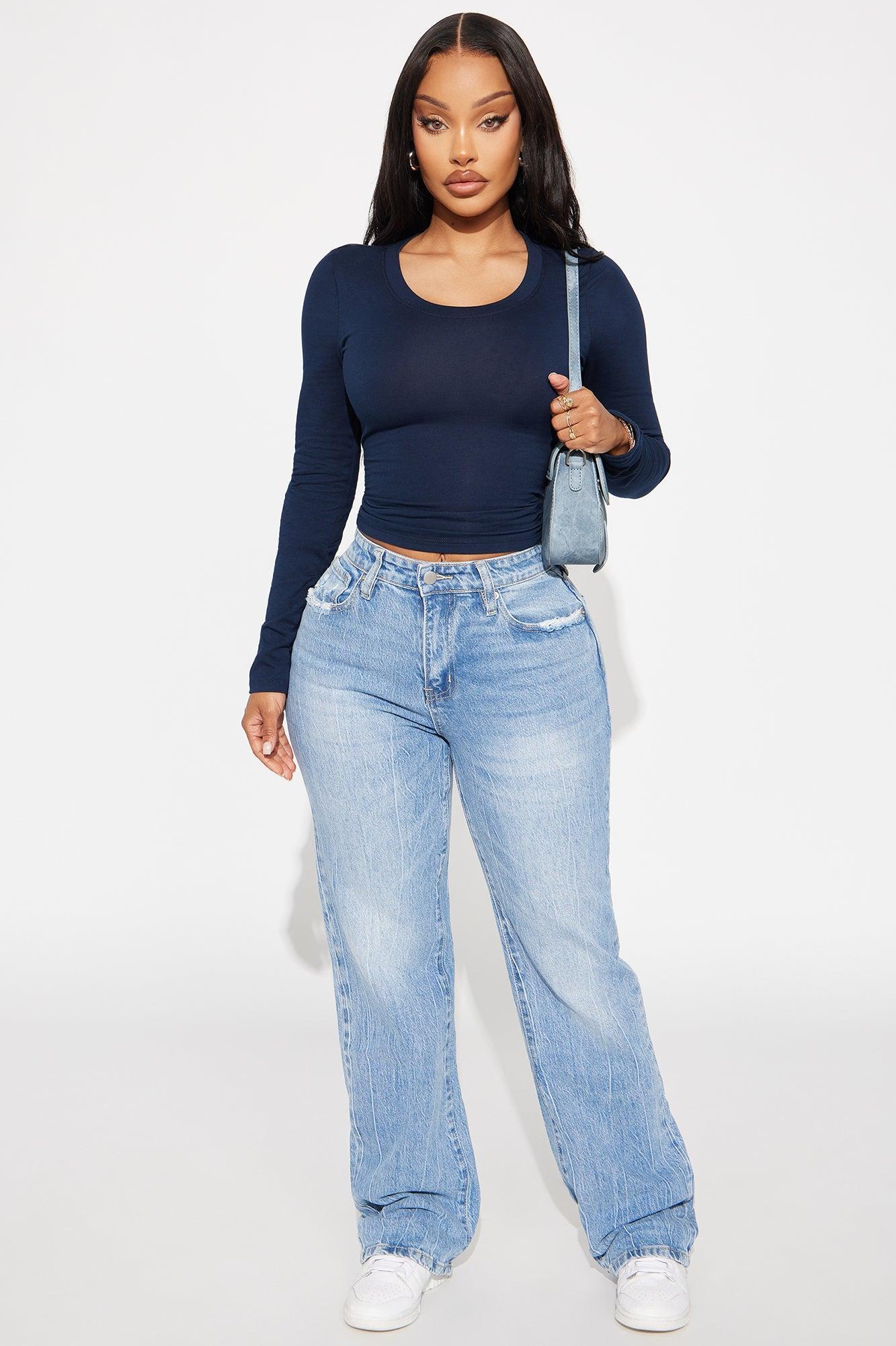 Elise Round Neck Long Sleeve Top - Navy Product Image