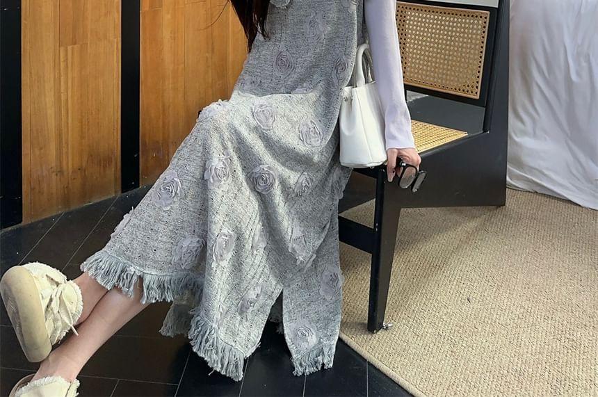 Long Sleeve Mock Neck Plain Tee / Flower Detail Midi Overall Dress Product Image