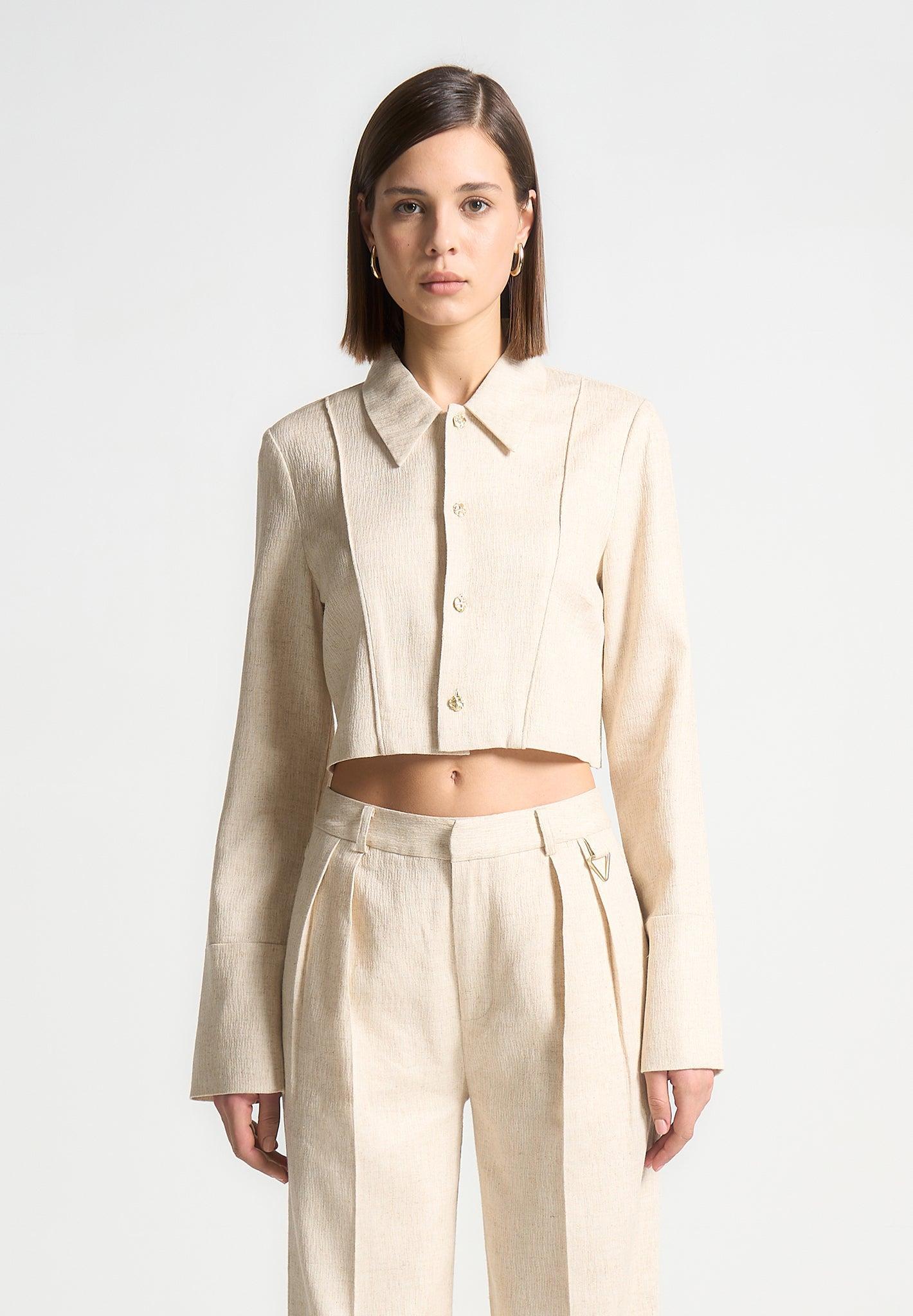 Linen Pintuck Cropped Shirt - Natural Female Product Image