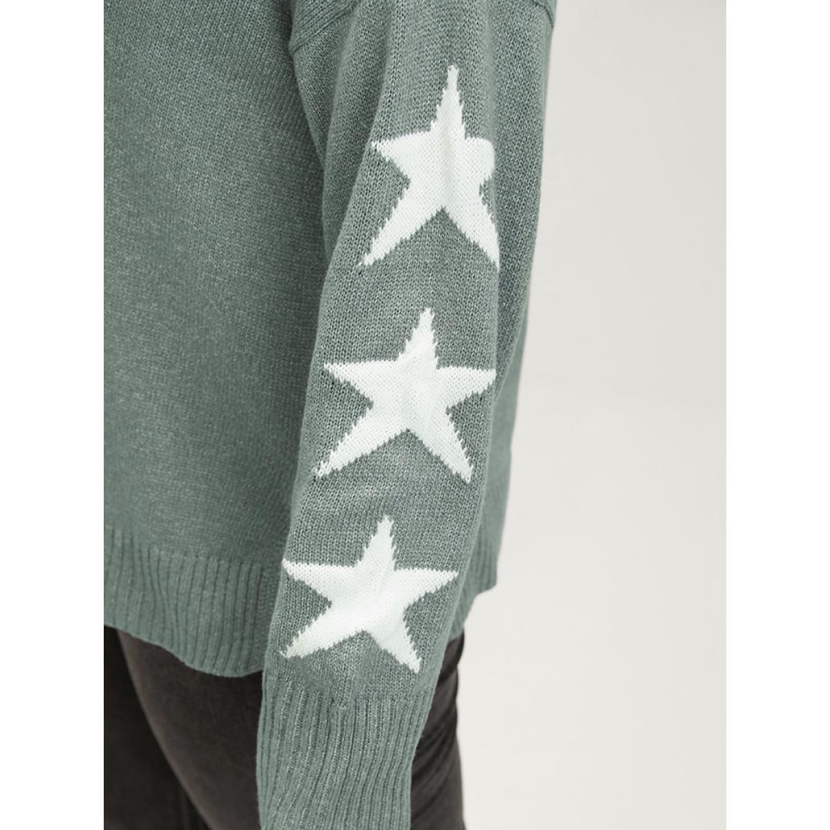 Plus Size Star Print Contrast Pointelle Knit Slpit Hem Knit Top DarkSlateGray Women Casual Long Sleeve V-neck Dailywear Pullovers BloomChic 30/6X Product Image