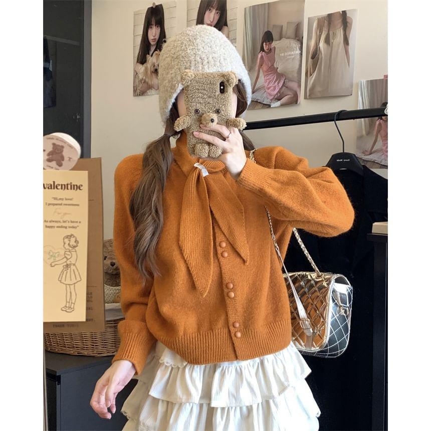 Tie Neck Plain Button Up Crop Cardigan Product Image
