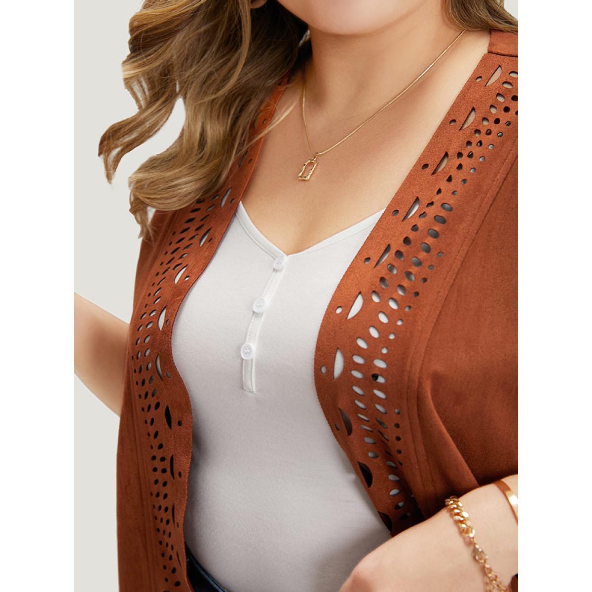 Plus Size Plain Laser Cut Tassel Trim Sleeveless Kimono Women Chocolate Vacation Tassels Dailywear Kimonos BloomChic 28/5X Product Image