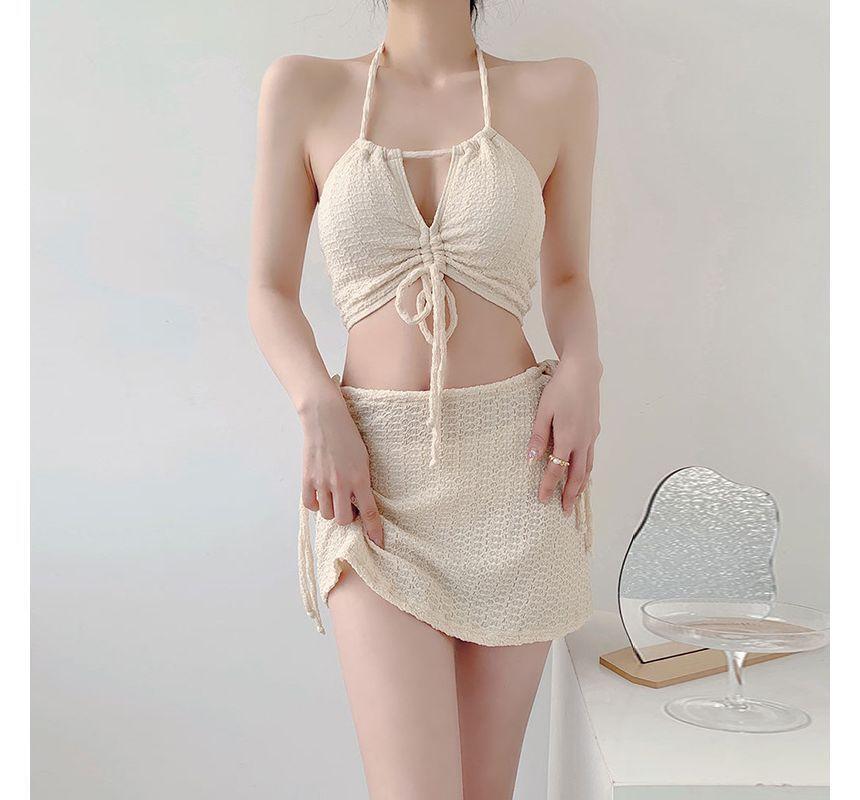 Set: Halter Plain Drawstring Bikini Top + Bikini bottom + Swim Skirt Product Image