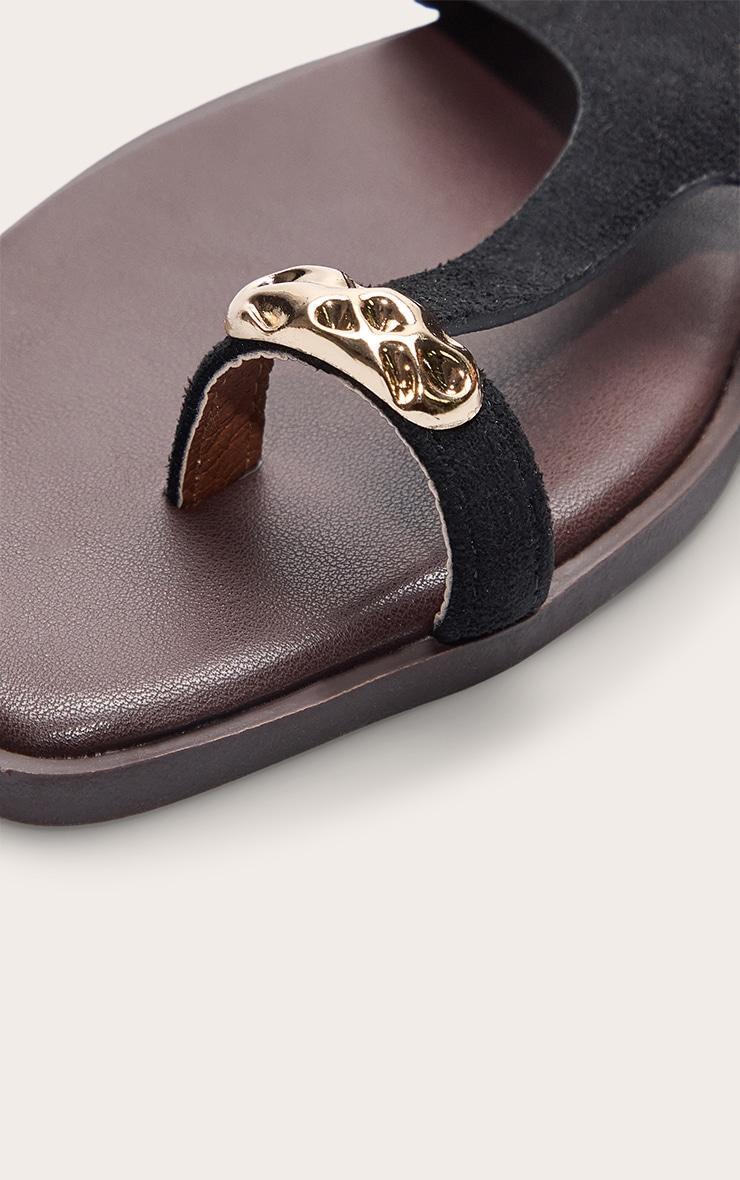 Black Faux Suede Toe Thong Gold Hardware Sandal Product Image