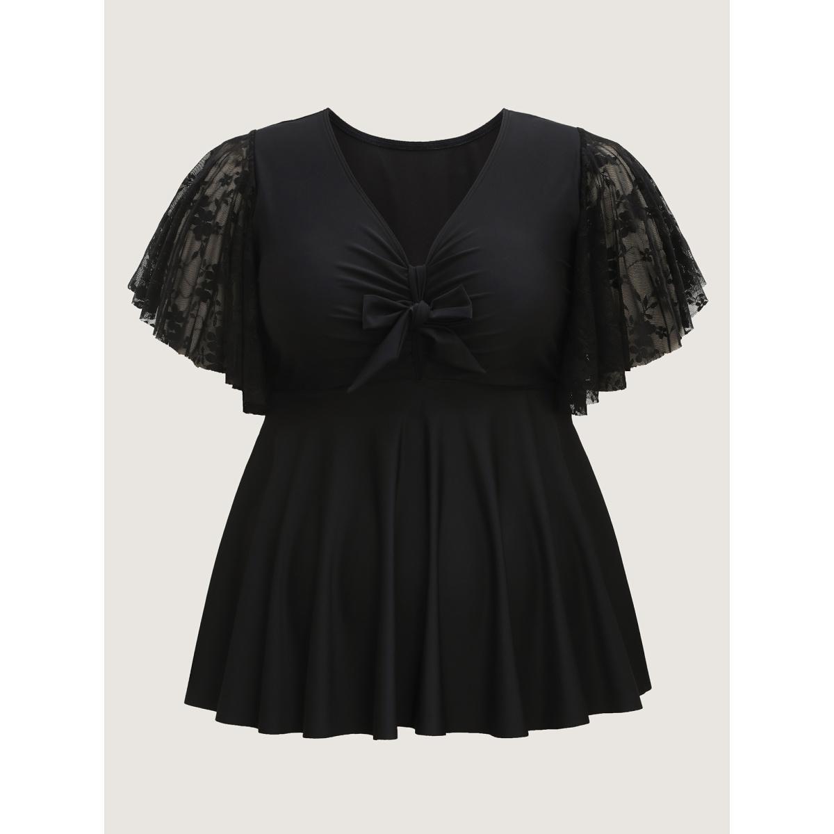 Plus Size Knotted Lace Sheer Sleeve Swim Top Women's Swimwear Black Beach Tie knot High stretch Bodycon V-neck Curve Swim Tops BloomChic 30/6X Product Image