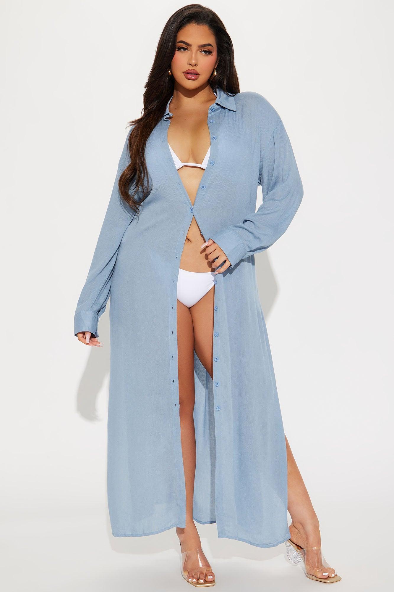Breezy Nights Linen Swim Cover Up Kimono - Blue Product Image