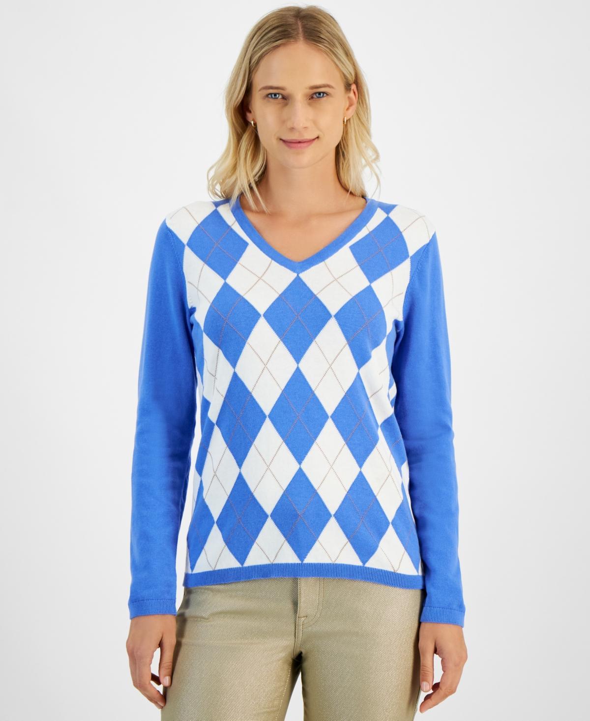 Tommy Hilfiger Womens Cotton Argyle V-Neck Sweater Product Image