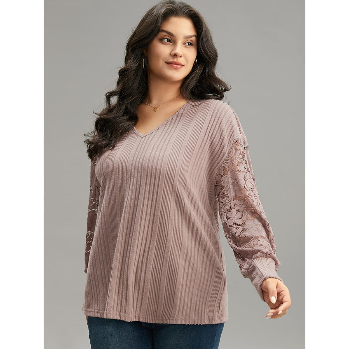Plus Size Lace Panel V Neck Lantern Sleeve Sweatshirt Women Pink Elegant Elastic cuffs V-neck Dailywear Sweatshirts BloomChic 14-16/1X Product Image