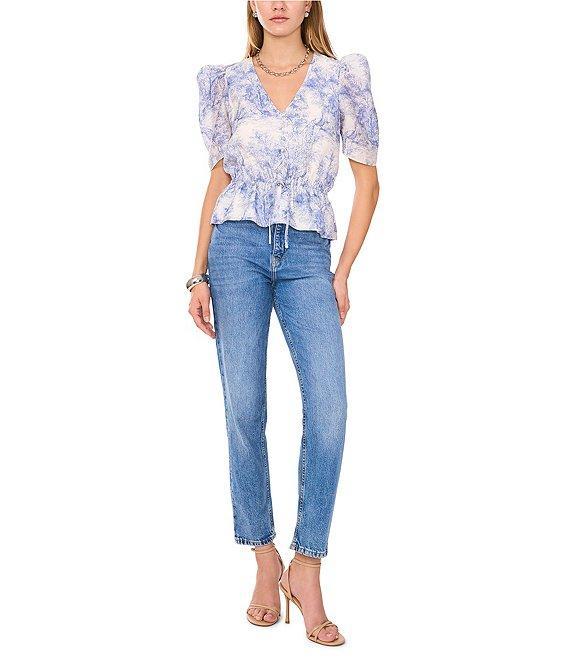 1. STATE Woven Toile Print V-Neck Short Sleeve Cinch Waist Peplum Blouse Product Image