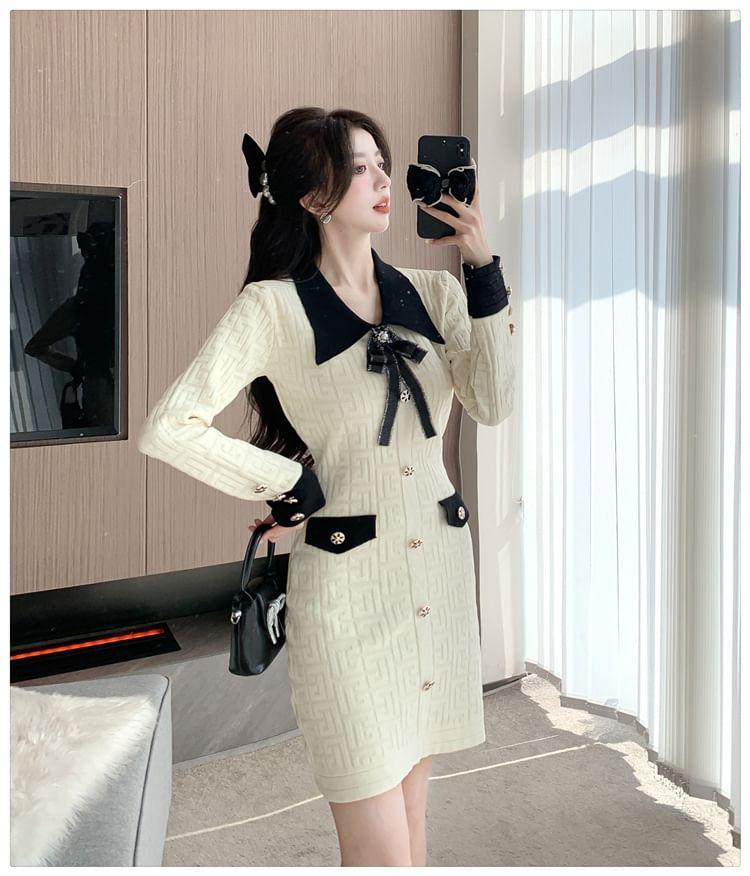 Long Sleeve Peter Pan Collar Two Tone Buttoned Mini Bodycon Knit Dress Product Image