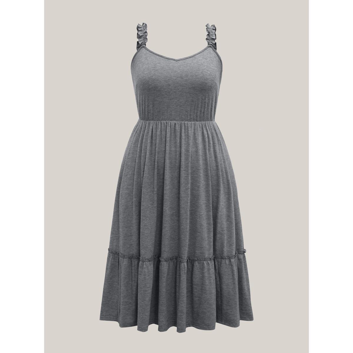 Plus Size Supersoft Heathered Ruched Straps Midi Dress DimGray Women Casual Frill Trim Knit Dresses Bloomchic 30/6X Product Image