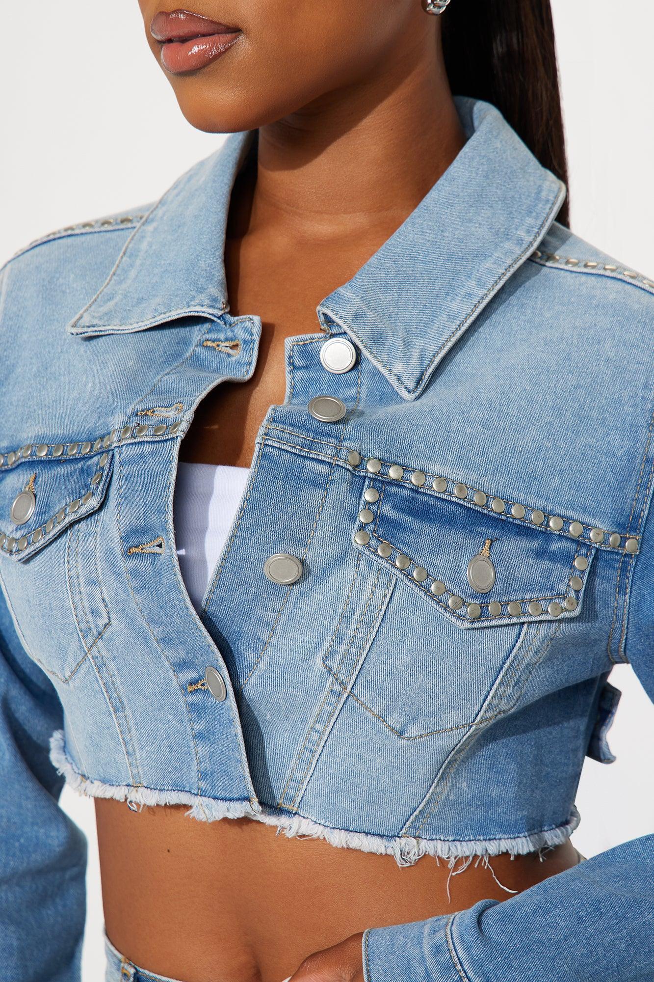 Venice Studded Cropped Denim Jacket - Light Wash Product Image
