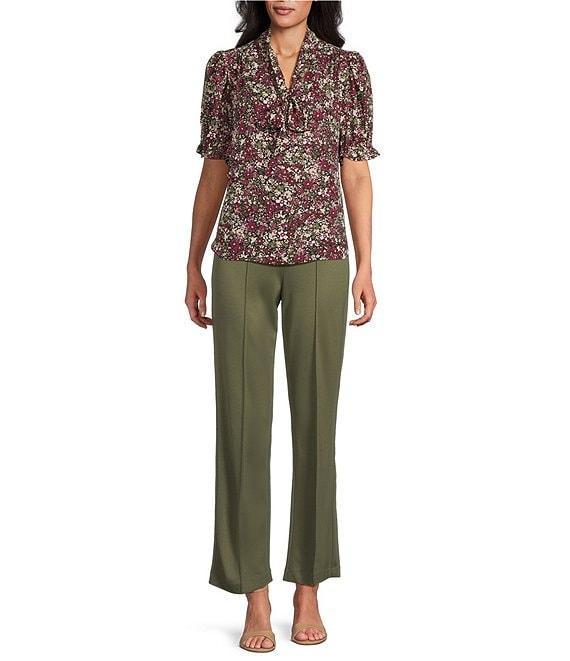 Jones New York Floral Tie Neck Short Puff Sleeve Blouse Product Image