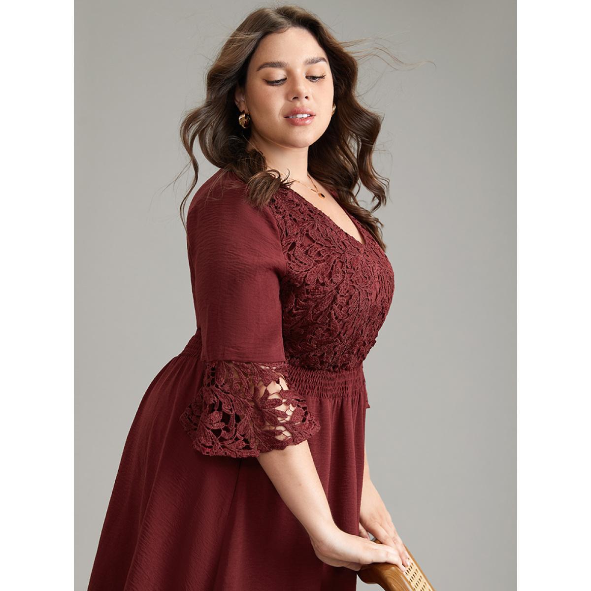 Plus Size Geometric Shirred Lace Patchwork Bell Sleeve Dress Scarlet Women Elegant Plain V-neck Elbow-length sleeve Curvy Midi Dress BloomChic 12/L Product Image